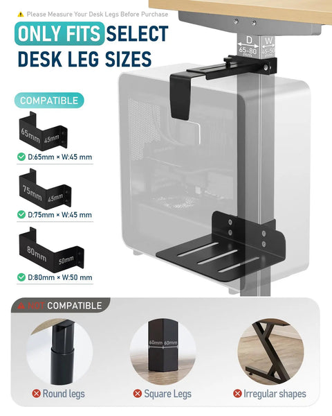 Heavy Duty Under Desk PC Mount With No Drill Clamps Keeps CPU Secure Like A Champ Fast No Sweat Install image showing compatible desk leg sizes.
