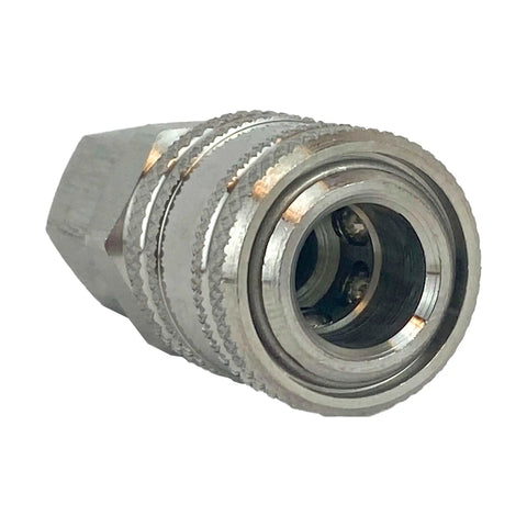 Premium Stainless Steel Air Hose Quick Coupler 1/4 Inch NPT Male Female 300 Psi Rating close-up view showcasing durable metal design.