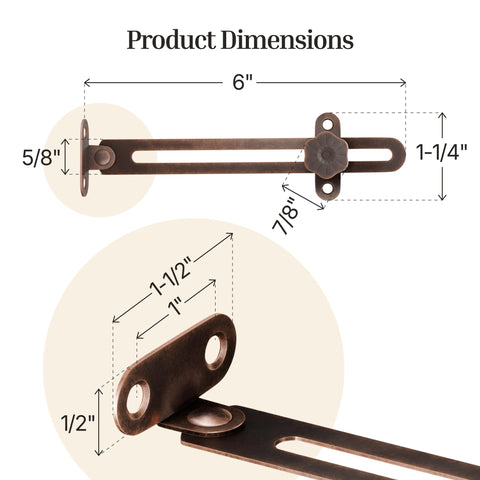 Solid 6 Inch Antique Copper Adjustable Friction Lid Stay With Slick Turn Knob For Quick Right Or Left Hand Swap dimensions diagram.