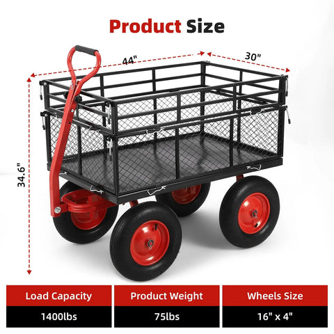 Heavy Duty 1400 Lb Steel Garden Dump Cart With Removable Mesh Panels 2 In 1 Handle 16 Inch All Terrain Wheels size details