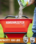 Grounds Keeper All Season Walk Behind Spreader For Seed Fertilizer And Winter Salt With 100 Lb Hopper Capacity in use outdoors