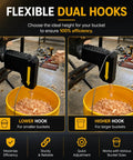 No Sweat Snap On Table Saw Dust Collector Adapter With Dual Hook Bucket Mount showing flexible hooks for different bucket sizes.