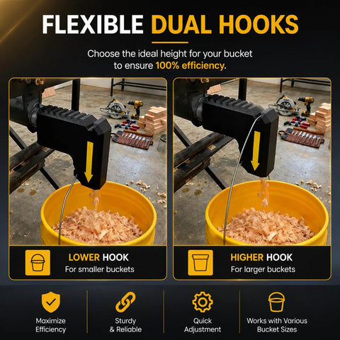 No Sweat Snap On Table Saw Dust Collector Adapter With Dual Hook Bucket Mount showing flexible hooks for different bucket sizes.