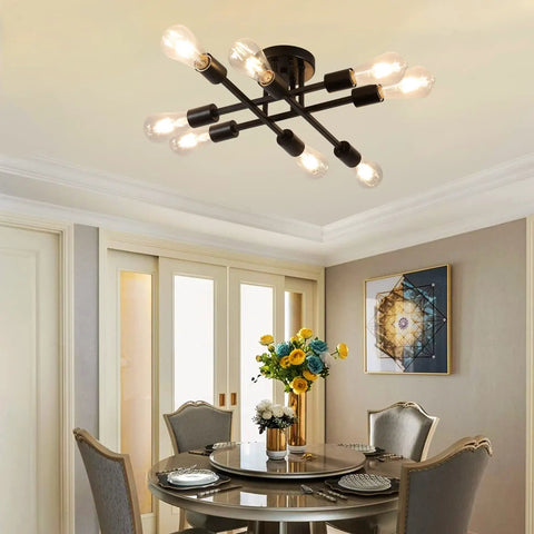 Eight Light Industrial Semi Flush Mount Ceiling Light Fixture In Matte Black With Farmhouse Close To Ceiling Style Modern Sputnik Chandelier For Kitchen Bedroom Living Room Dining Room Bathroom in dining room