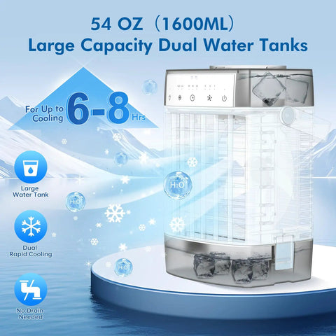 On The Go Portable Mini Air Conditioner With Remote 1000ml Evaporative Cooler showcasing dual water tanks and cooling duration