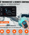 Hefty 8KW Diesel Air Heater 12 Volt Rig Setup With Handy Remote And Lcd Panel showing remote control and LCD thermostat for heating vehicles.