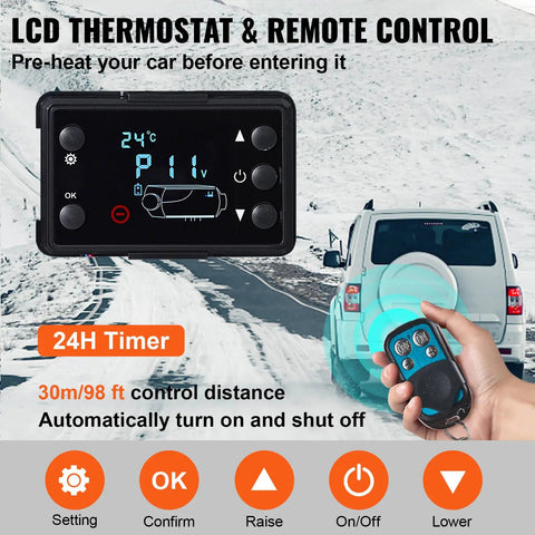 Hefty 8KW Diesel Air Heater 12 Volt Rig Setup With Handy Remote And Lcd Panel showing remote control and LCD thermostat for heating vehicles.
