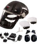 Badass Powered Air Respirator And Hearing Protection Bundle For Woodworking Shops Featuring Full Face Impact Shield Heavy Duty Dust Filters And Integrated Ear Guards Built Tough For Sanding Routing And Turning with face shield and ear protection accessories.