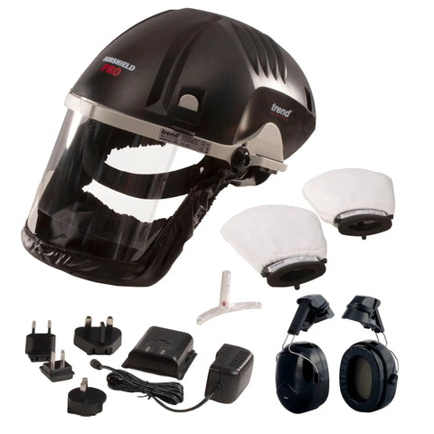 Badass Powered Air Respirator And Hearing Protection Bundle For Woodworking Shops Featuring Full Face Impact Shield Heavy Duty Dust Filters And Integrated Ear Guards Built Tough For Sanding Routing And Turning with face shield and ear protection accessories.
