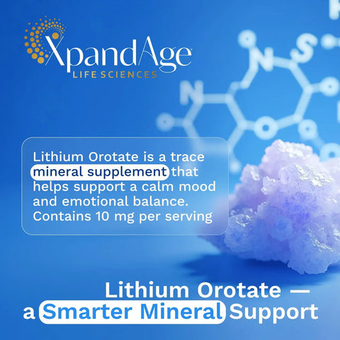 Image of text highlighting Lithium Orotate 10mg for mood support with image of a mineral on a blue background.