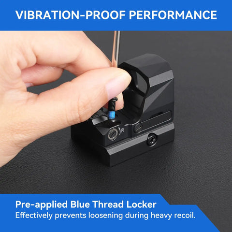Person using Red Dot Sight Mounting Screws Kit With 112 Pieces And 28 Screw Types For Gunsmithing And Optics Includes M Three Point Five M Three M Four And Six Thirty Two Four Zero Six Forty Six Forty Eight Four Pieces Per Set Great For Mounts Plates Rails to secure optics with blue thread locker.
