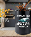 15oz Black Sailor Coffee Mug For Boaters And Sailors Dope Morning On The Go Coffee Cup Nautical Gift For Lake Lovers Boat Captain Gift Funny Coffee Mug For Family And Friends featuring wave graphic and quote on wooden table with coffee splash