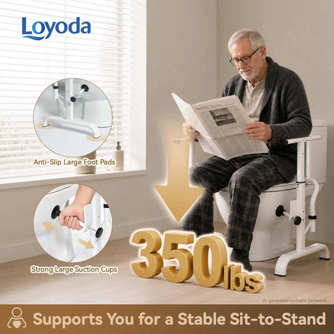 Solid as a Rock Toilet Safety Rails with Heavy Duty Grab Bars to Ensure Seniors and Disabled Folks Get That Post Surgery Recovery Boost while Enjoying 350 Lbs Support plus Fsa Hsa Eligible Benefits for That Hassle Free Bathroom Stability You Deserve No. Man reading newspaper using toilet safety rails with large suction cups and foot pads.