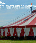 Heavy-duty red and white circus tent securely anchored, highlighting '12 Pack Ground Earth Anchors With Drive Steel Tool 30 Inch Cable Hook Anchors One Eighth Inch' stability.