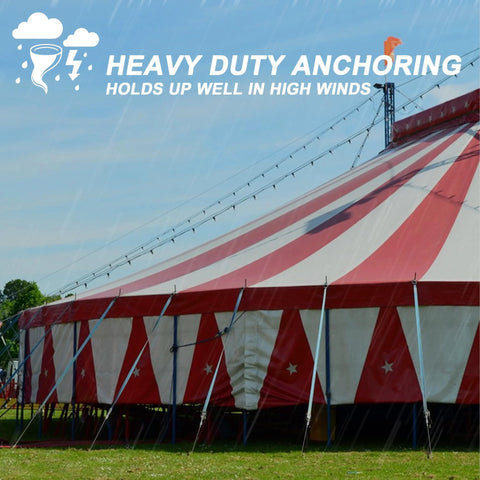 Heavy-duty red and white circus tent securely anchored, highlighting '12 Pack Ground Earth Anchors With Drive Steel Tool 30 Inch Cable Hook Anchors One Eighth Inch' stability.