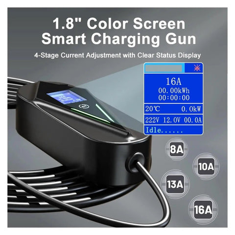 Portable EV Charger 3 Point 5 Kilowatt 16A Level 1 EVSE Type 1 And NACS Compatible with color screen and status display