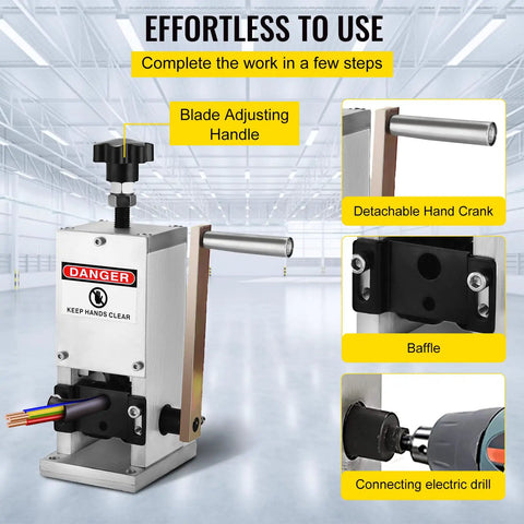 Portable Manual Wire Stripping Machine With Hand Crank For Scrap Copper Recycling 0.06 to 0.98 Inch Wires, featuring aluminum body and adjustable handle.