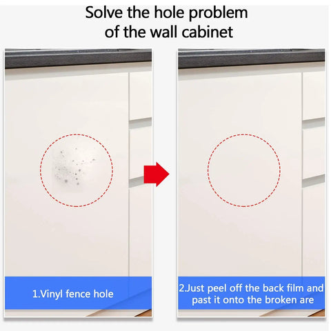 Easy Vinyl Siding Repair Kit Set 20 Patch Pieces 6 By 8 Inch Self Adhesive Vinyl Patches For Mobile Homes Skirting Fences And Walls Cover Holes And Blemishes Fast No Tools Needed With Peel Stick Trim With Scissors And Paint. Image showing a before and after repair on a cabinet wall.