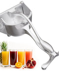 Hand Press Citrus Juicer For Lemons Limes Oranges Aluminum Alloy Ergonomic Handle heavy duty manual squeezer with juices in glasses.