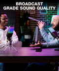 Two podcasters using Condenser Microphone With RGB Lighting For Gaming And Streaming, Plug And Play 3.5mm XLR in studio
