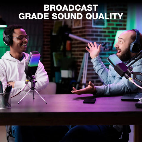 Two podcasters using Condenser Microphone With RGB Lighting For Gaming And Streaming, Plug And Play 3.5mm XLR in studio