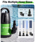 Heavy Duty 1 HP Submersible Water Pump With Smart Float Switch Cranks 4000 GPH showing multiple hose size fittings for versatile use.