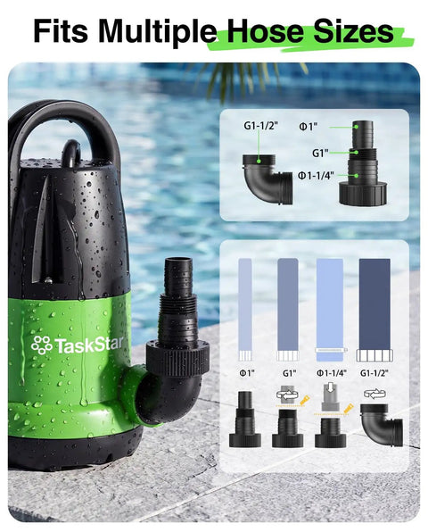 Heavy Duty 1 HP Submersible Water Pump With Smart Float Switch Cranks 4000 GPH showing multiple hose size fittings for versatile use.