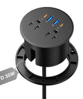 Three Inch Desktop Power Grommet With 35W USB C Fast Charging And Dual 18W USB A Outlets Black Six Foot Cord showing sockets and USB ports.