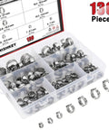 Front view of a clear storage box containing 136 stainless steel single-ear hose clamps (7–21 mm)