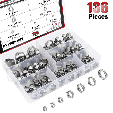 Front view of a clear storage box containing 136 stainless steel single-ear hose clamps (7–21 mm)