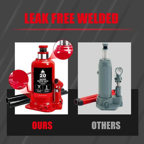 Leak free welded comparison of red Heavy Duty 20 Ton Hydraulic Bottle Jack With 40,000 Lbs Lifting Capacity Adjustable Screw Top Extension