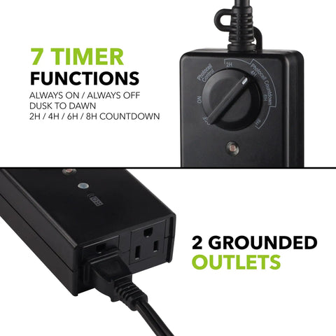 No Sweat Weatherproof Outdoor Timer Outlet With Photo Sensor And Dual Grounded Plugs For Auto Dusk Activation of timer settings and dual outlets.