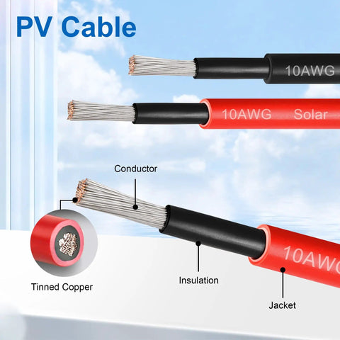 Diagram of 10 AWG Solar Panel Extension Cable 5Ft To 100Ft With Male And Female Connectors, highlighting tinned copper and insulation layers.