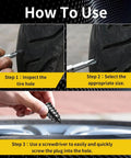 Instructional guide on using 100 Piece Tire Repair Rubber Nail Kit With 50 Small And 50 Large Plugs, Screw In Tire Repair Kit.