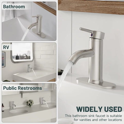 Brushed Nickel Single Hole Bathroom Faucet With One Handle in bathroom, RV, and public restroom settings.