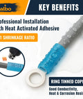 Close-up of 250 Pcs Heat Shrink Ring Terminal Kit Set For 22 To 10 AWG showing blue waterproof tinned copper ring terminal with heat shrink