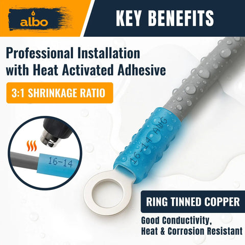 Close-up of 250 Pcs Heat Shrink Ring Terminal Kit Set For 22 To 10 AWG showing blue waterproof tinned copper ring terminal with heat shrink