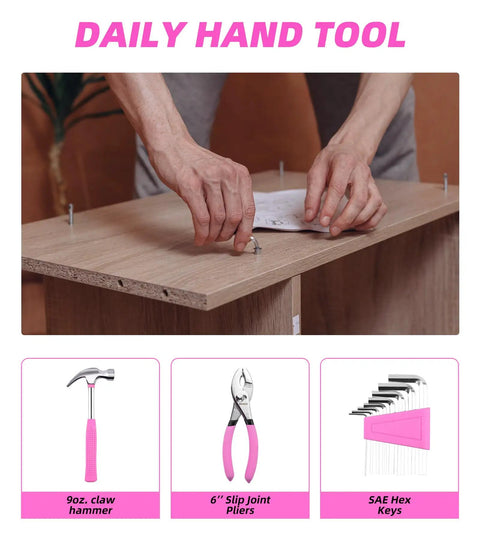 Person using Pink 40 Piece Home Go-To DIY Tool Set With Plastic Toolbox Case Chrome Vanadium Hand Tools for furniture assembly