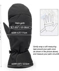 Women Winter Ski Mittens Waterproof Warm Snow Mittens for Cold Weather Outdoor Sports with size chart and measurement guide.
