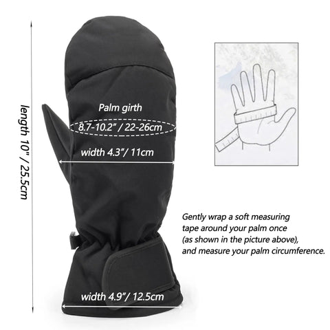 Women Winter Ski Mittens Waterproof Warm Snow Mittens for Cold Weather Outdoor Sports with size chart and measurement guide.