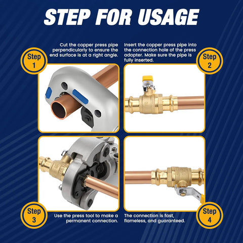3/4-inch Propress ball valve copper piping installation steps with press tool and fittings; step-by-step infographic.