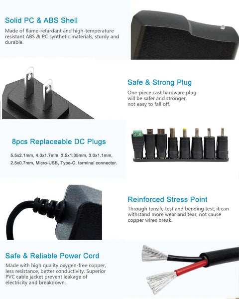 9V DC Power Supply 1A AC Adapter 100 240V Input 50 60Hz 9V Output 1A Max 10W with 4.6Ft Cable And Eight Tips, plug detail