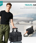 Man holding Go To Under Seat Travel Duffel Bag With Laptop Pocket 16x12x6 Inch waterproof Oxford gear in front of airplane