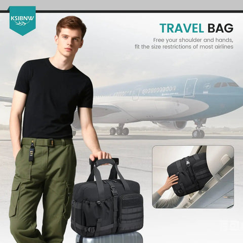 Man holding Go To Under Seat Travel Duffel Bag With Laptop Pocket 16x12x6 Inch waterproof Oxford gear in front of airplane
