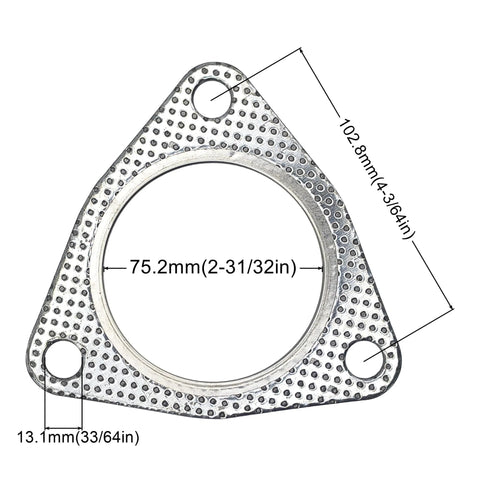 3-inch triangular graphite exhaust gasket with three bolt holes and 75.2 mm bore