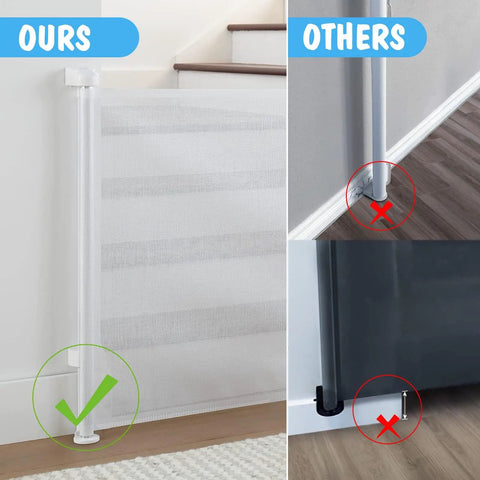 Retractable Baby Gate With Mesh For Quick Room Conversion And Kid Friendly Living near staircase; comparison with others
