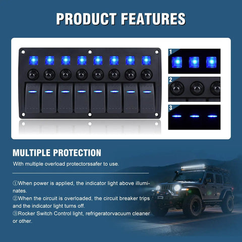Eight Gang Waterproof Marine Boat Switch Panel with Eight Circuit Breakers 12V 24V On Off Blue LED Rocker Switch Panel Front View