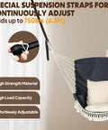 Cozy Hammock Chair Swing With Two Pillows Included, Strong Webbing Straps And Hooks For Easy Hanging, Soft Cotton Hanging Chair With Side Pocket And Tassels, Indoor Outdoor Comfort Dark Grey suspended showing straps.