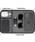 Slick Two Tone PU Leather Catchall Tray Hella Organized Entryway And Living Room Table Organizer For Keys Wallet Watch Jewelry Coins Black Frame Daily Essential displaying phone, sunglasses, keys, and AirPods.