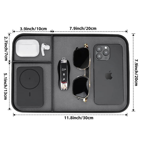 Slick Two Tone PU Leather Catchall Tray Hella Organized Entryway And Living Room Table Organizer For Keys Wallet Watch Jewelry Coins Black Frame Daily Essential displaying phone, sunglasses, keys, and AirPods.